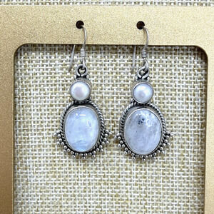 Vintage 925 Sterling Silver Rainbow Moonstone and Pearl Dangle Earrings